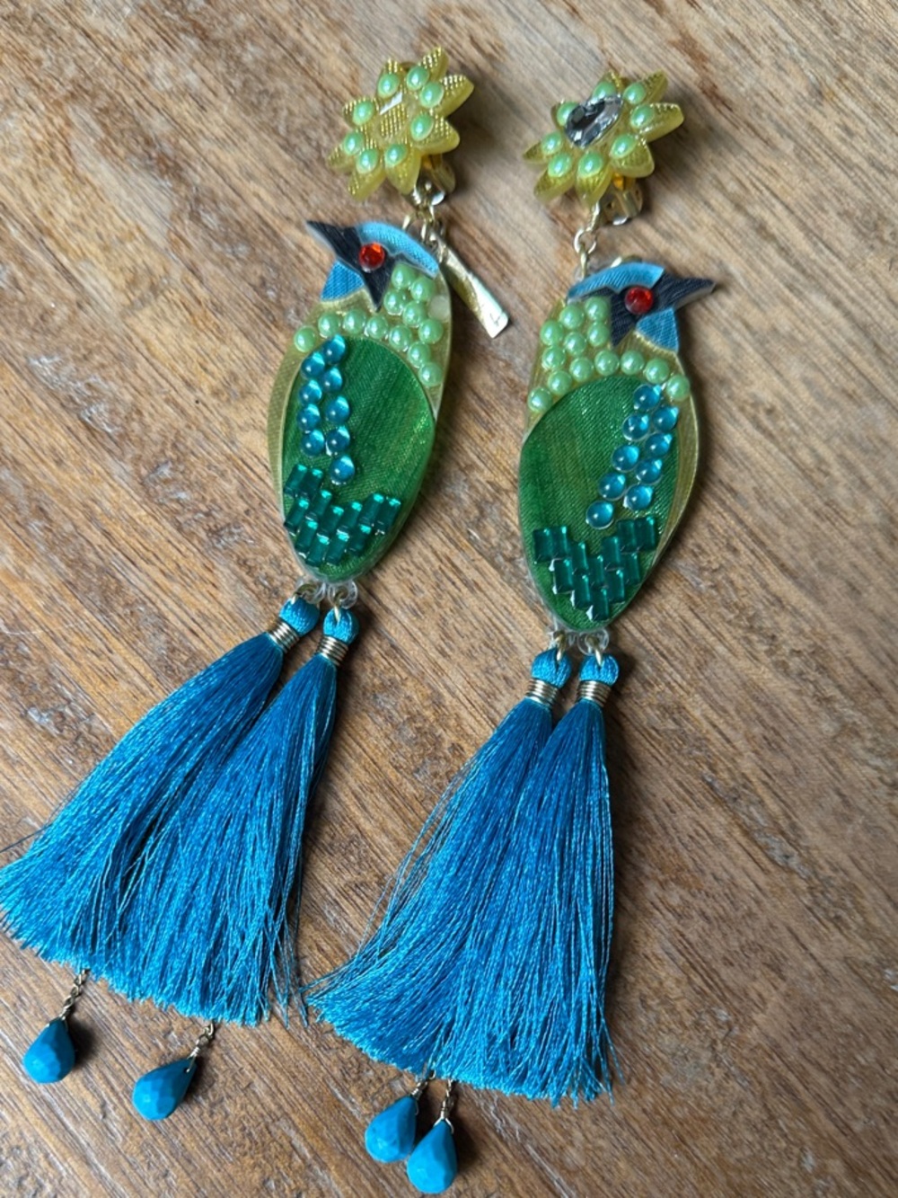 Mercedes Salazar Blue & Green Parrot Tassel Drop Earrings